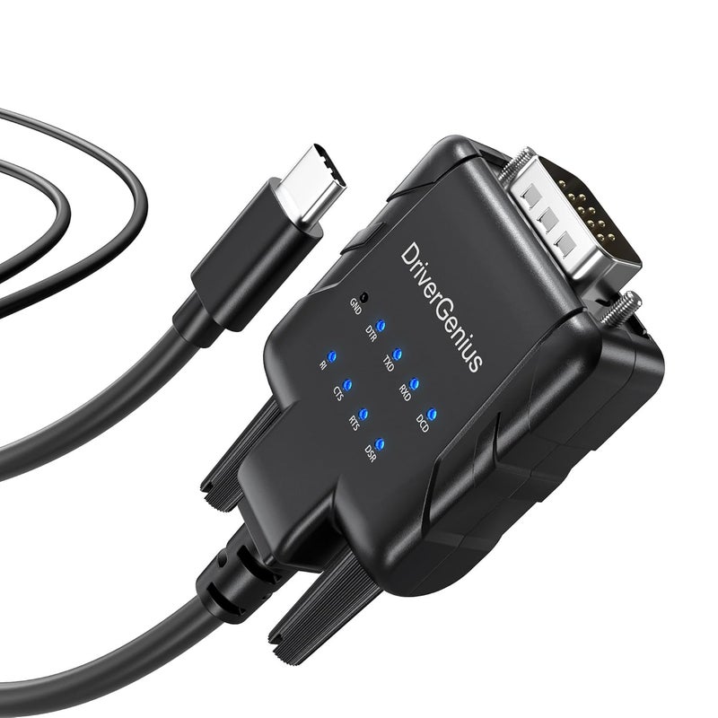 DriverGenius SerialPulseX USB-C to Serial RS232 DB9 Adapter with 9 x LED Indicators - Prolific PL2303GC - Compatible with Windows 11, macOS 15, Linux (USB232A-E-C, 3ft/1m) - Image 1